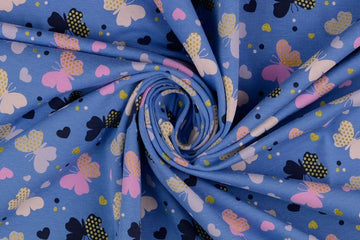 B-Ware 95 cm Jersey mit Schmetterlingen und Glitzer, blau